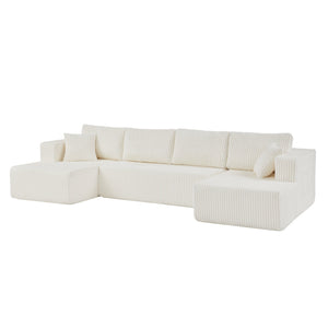 English Elm 132" U-shaped Modular Corduroy Sectional with Deep Foam Cushions for Living Room Beige W5802S00002