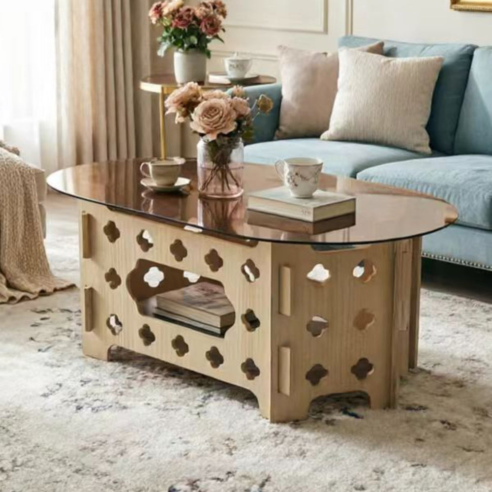 English Elm Oval Tempered Glass Coffee Table Carved Floral Wood Base Living Room Pet Nest W3935P481196