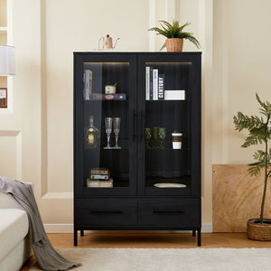 English Elm 60'' Tall Display Cabinet with LED Lighting, Tempered Glass Doors, 4 Adjustable Shelves & Drawers Black N845P261801B