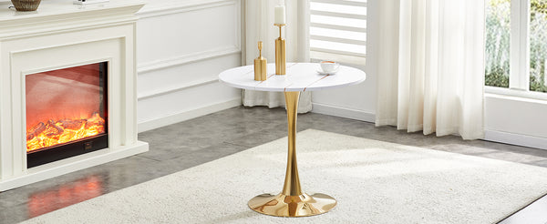 English Elm Round Faux Marble Tulip Pedestal Dining Table Mid Century Modern for Small Bistro Spaces Gold+White W2920P400992