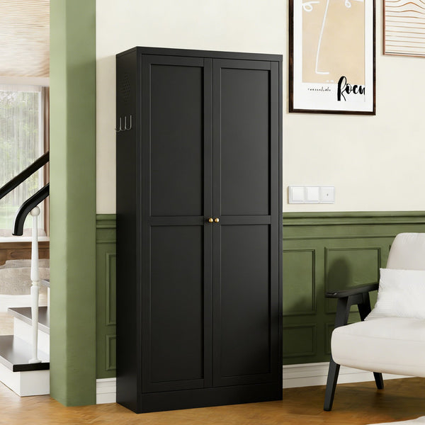 English Elm 61" Matte Black Steel Freestanding Pantry Cabinet with 4 Adjustable Shelves Modern Farmhouse T2398P465983