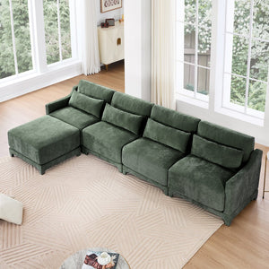 English Elm Four-Seater Sofa With Movable Ottoman - Elegant Green Chenille, Ergonomic Design & Easy Assembly W714S01221