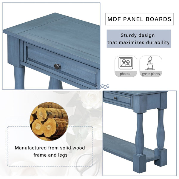 English Elm Trexm Distressed Entryway Console Table Three Drawers Open Shelf Mediterranean Wood Navy N715P372052M