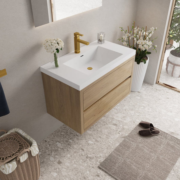 English Elm 36" Floating Bathroom Vanity Natural Oak Stone Resin Sink Soft Close Storage Cabinet W1573P211185