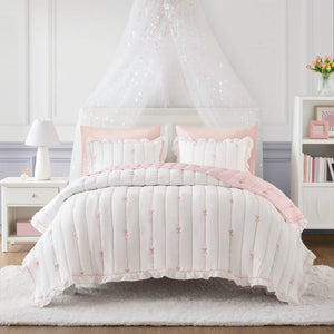 English Elm 3-piece Reversible Microfiber Quilt Set Bow Embroidery Ruffled Trim Romantic Bedroom Pink+White B035P482881