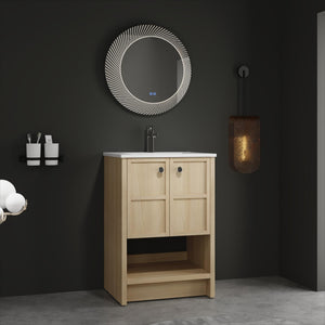 English Elm 24" Freestanding Bathroom Vanity with Ceramic Sink, Oak Finish, 2 Soft-Closing Doors, Open Shelf Storage W1972S00023
