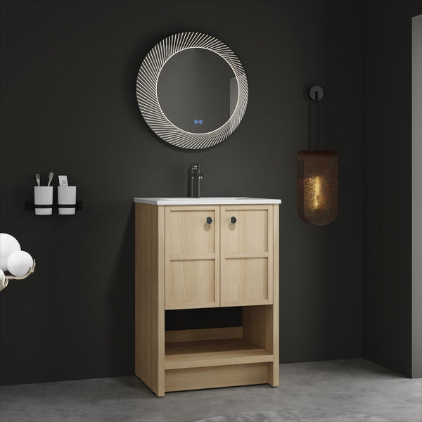 English Elm 24" Freestanding Bathroom Vanity with Ceramic Sink, Oak Finish, 2 Soft-Closing Doors, Open Shelf Storage W1972S00023