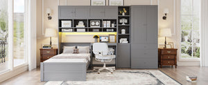 English Elm Wooden Twin Loft Bed with Built-in Desk Wardrobe Storage Drawers and Led Lighting N820S00069E