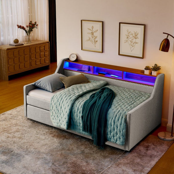 English Elm Twin Size Upholstered Sofa Bed With Led Lights, Storage, Adjustable Headboard & Wireless Charging W1413S00058-GIGA