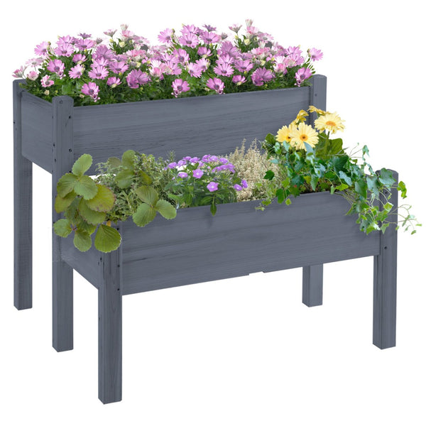 English Elm Outsunny 34"X34" Two-Tier Elevated Wood Planter Box For Easy Gardening On Patios & Backyards W2225P217237-GIGA