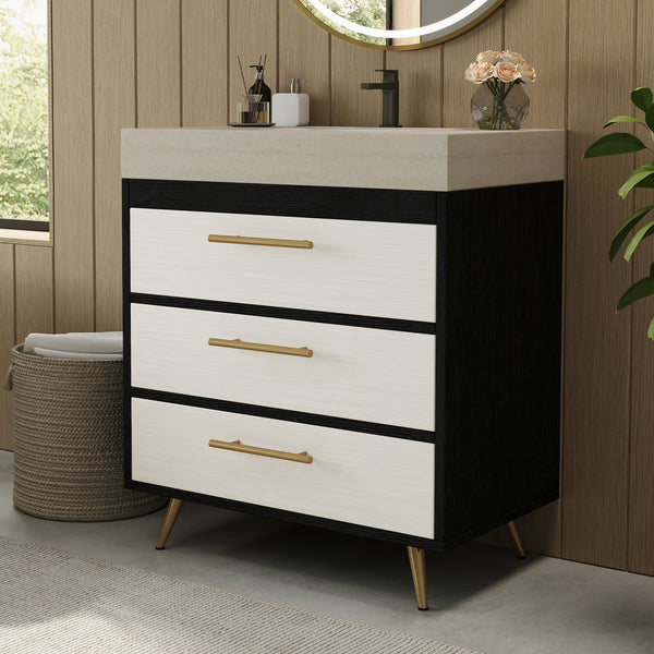 English Elm Modern Freestanding Bathroom Vanity Sintered Stone Top Ceramic Sink Gold Legs W3136S00048