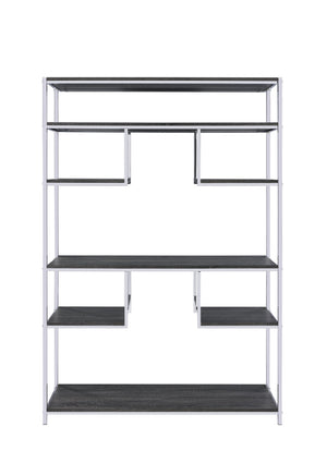 English Elm Vonara Rustic Gray Oak Bookshelf with Chrome Frame — 7 Open Shelves, Etagere Style Storage Appeal B2726P256367