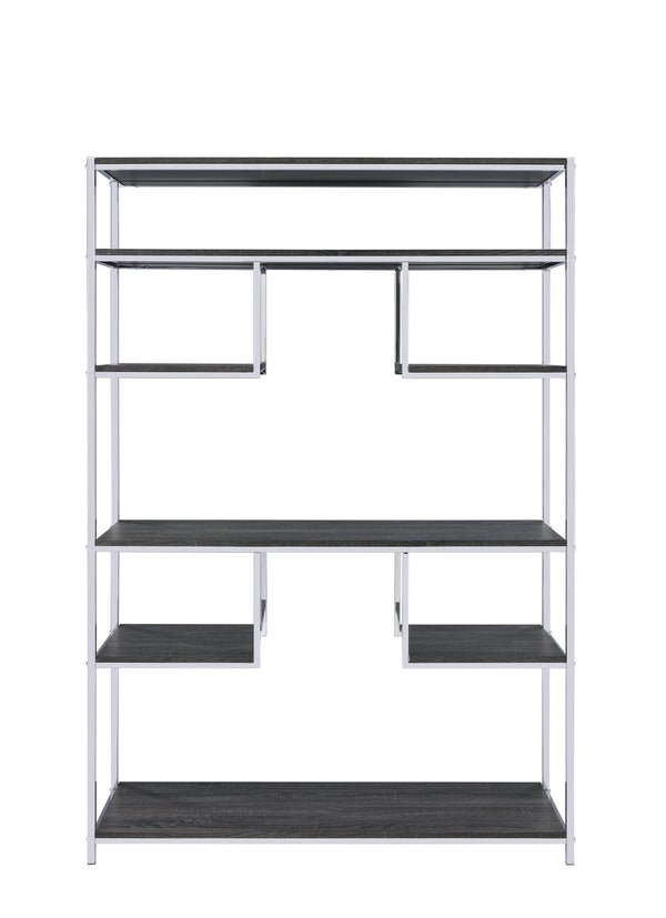 English Elm Vonara Rustic Gray Oak Bookshelf with Chrome Frame — 7 Open Shelves, Etagere Style Storage Appeal B2726P256367