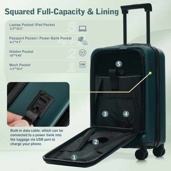 English Elm Luggage 5 Piece Hardside Abs Set with Front Access Carry on and Tsa Spinner Wheels Dark Green N732P391544M
