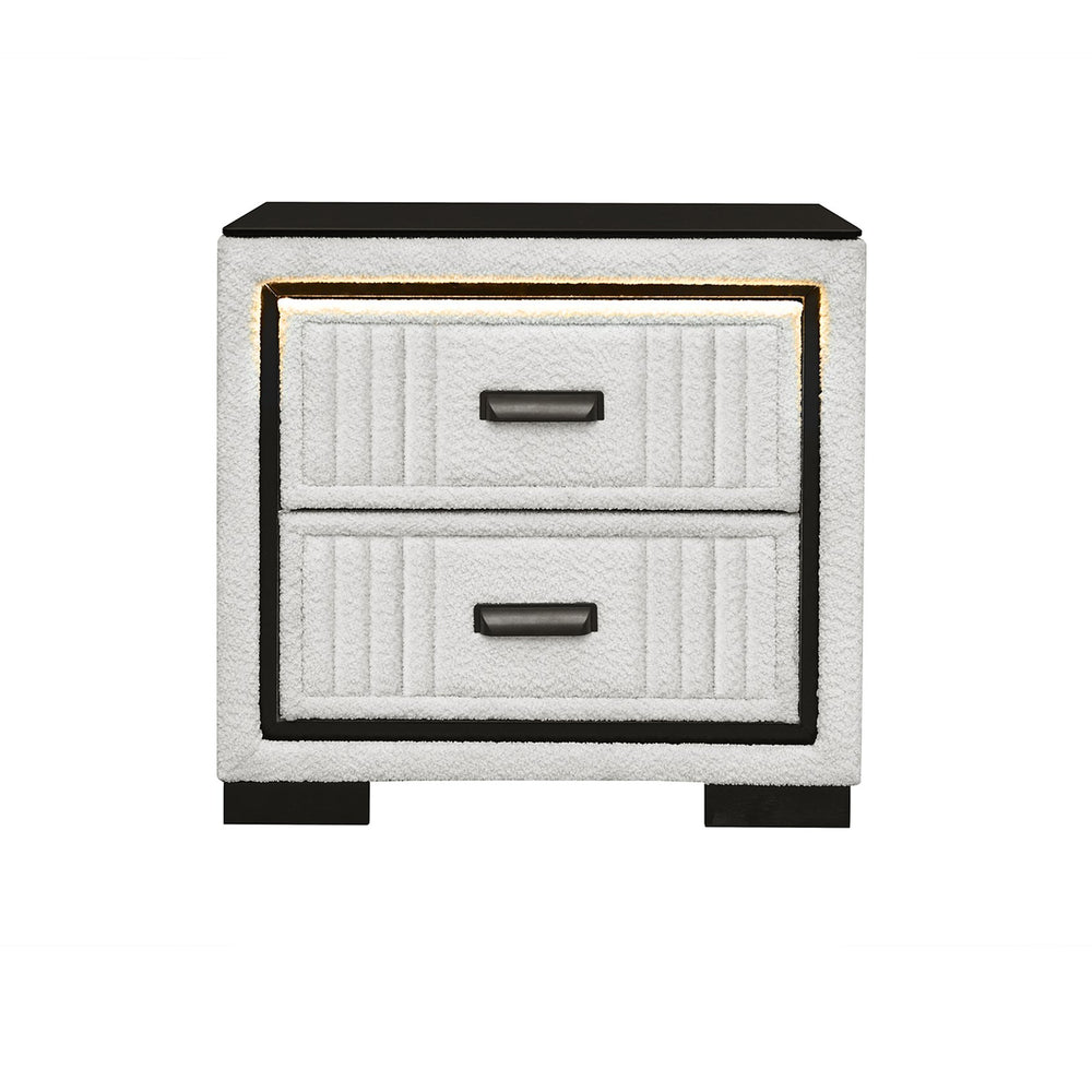 English Elm Isaiah Upholstered White & Black Nightstand with LED Light, Spacious Drawers, Block Feet, Sturdy Build B201P391222