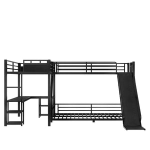 English Elm L-Shaped Metal Bunk Bed With Twin Xl Loft, Queen Bed, Desk, Shelves & Slide - Space-Saving Design! W1580S00279