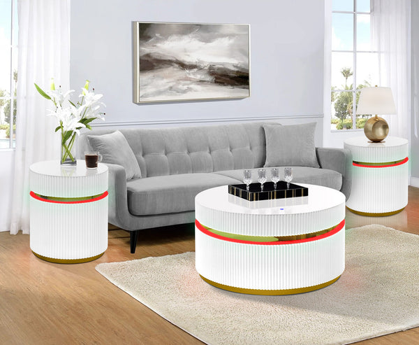 English Elm Tivoli Round Glass Top Coffee Table Set with Led Lighting and Gold Reeded Base B2749S00156
