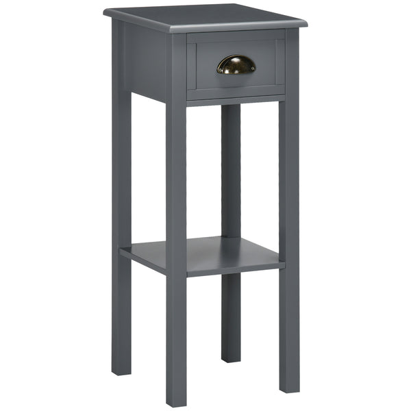 English Elm HOMCOM Narrow 2-Tier Side Table with Drawer and Elevated Shelf — Slim Accent End Table, Sturdy Storage Grey W2225P200908