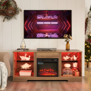 English Elm TV LED Fireplace TV Stand with Bluetooth LED Lights, Remote, USB Charging & Ample Storage, 58" Oak W2275P257558