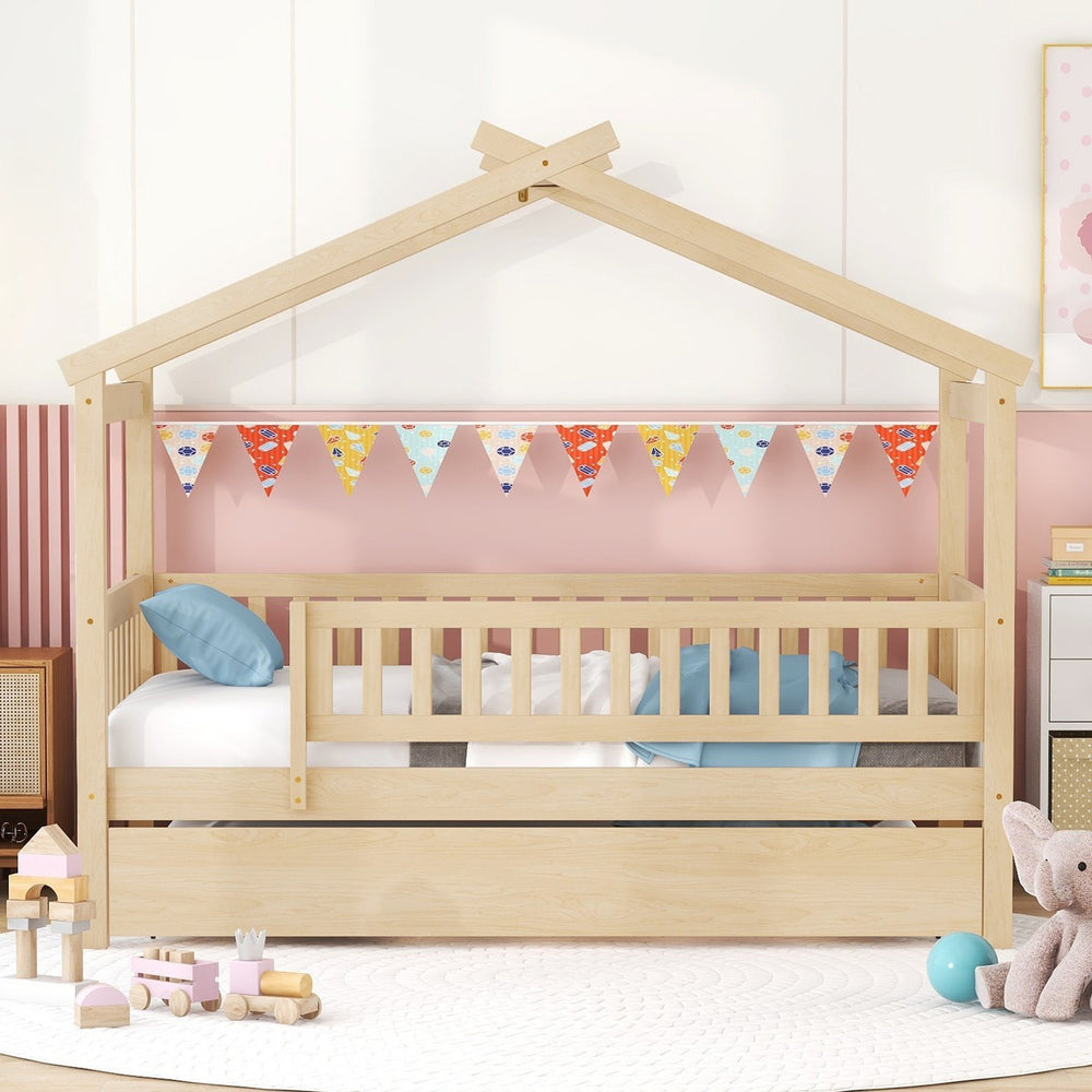 English Elm Twin House Bed with Trundle Solid Pine Frame Walnut Kids Bedroom Sleepover N708P357115N