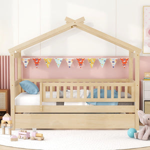 English Elm Twin House Bed with Trundle Solid Pine Frame Walnut Kids Bedroom Sleepover N708P357115N