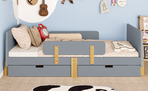 English Elm Twin Low Profile Kids Floor Bed Pine Wood Frame with Safety Rail and Built in Bookshelf Gray W1580P373243