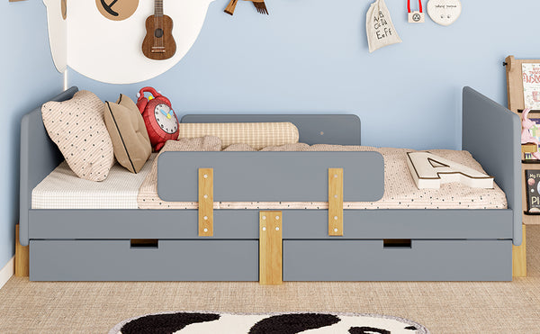 English Elm Twin Low Profile Kids Floor Bed Pine Wood Frame with Safety Rail and Built in Bookshelf Gray W1580P373243