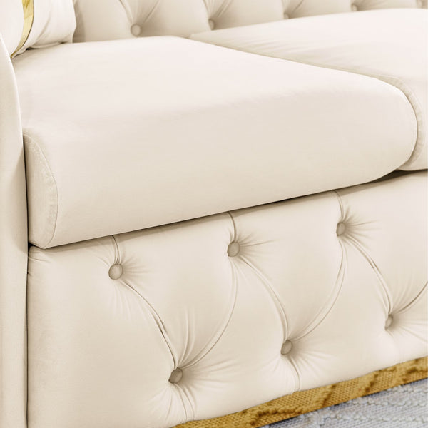 English Elm 2pcs Italian Velvet Chesterfield Sofa Set Tufted Three Seater with Gold Steel Legs Beige W1191S00044