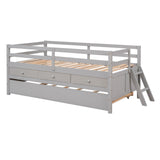 Hearth and Haven Low Loft Bed Twin Size with Full Safety Fence, Climbing Ladder, Storage Drawers and Trundle Gray Solid Wood Bed WF312991AAE