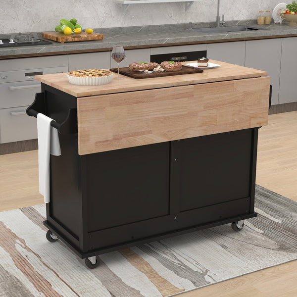 English Elm Kitchen Cart with Drop-Leaf Rubberwood Countertop, Sliding Barn Door, Locking Wheels & Storage Space Black SK000001AAB