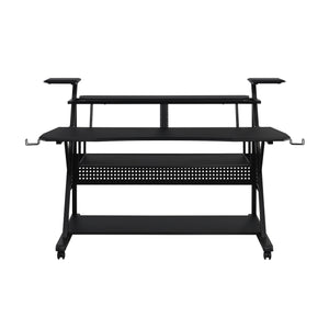 English Elm Willow Black Finish Music Desk with Keyboard Tray, Speaker Shelves, Cable Management & Wheels B2726P265725