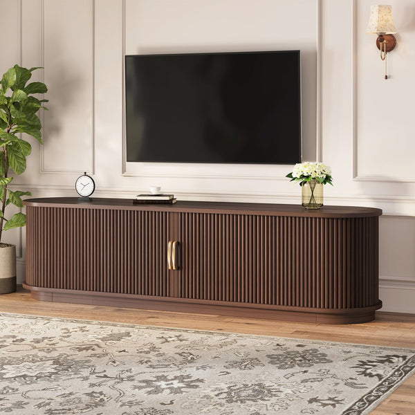 English Elm Vintage Farmhouse Media Console with Slatted Sliding Doors and Brass Hardware for Living Room Walnut N721P427206P