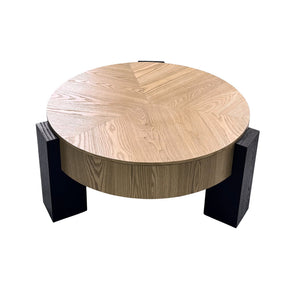English Elm 33'' Round Coffee Table Parquet Veneer Flip Top Hidden Storage Wabi-sabi Living Room Matte Black,Natural Wood W1435P419318