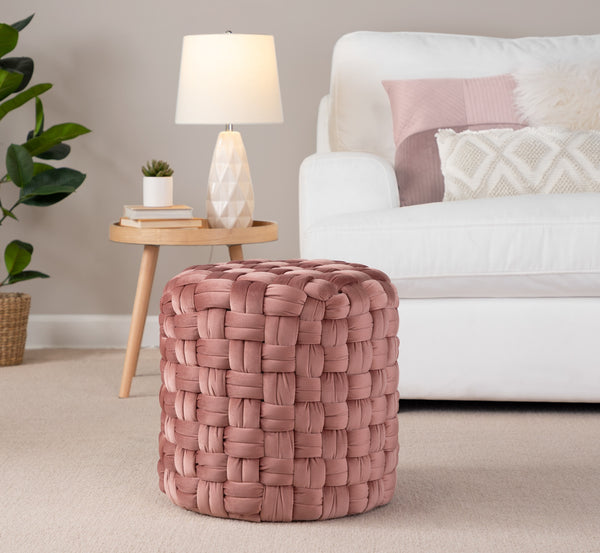English Elm Braided Round Ottoman In Blush Pink Velvet - Modern Glam Accent Piece For Cozy Living Spaces B202P223702