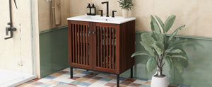 English Elm Christopher Knight Home® - 30" Vintage Bathroom Vanity with Rectangle Ceramic Sink, Rubber Wood Legs, Soft-Close Doors, Adjustable Shelves Antique brown,Dark Brown N817P245324B