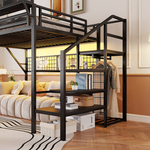 English Elm Queen Metal Loft Bed with Stair Storage Wardrobe Rgb Lighting for Teens Adults W2580S00052