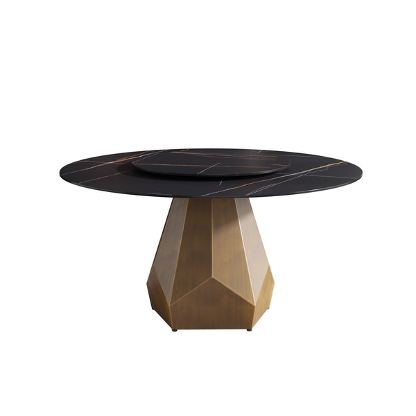 English Elm 59.05" Round Sintered Stone Dining Table Seats Eight with Brass Base and Turntable W1535S00566
