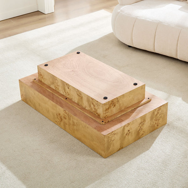 English Elm 43.31 Inch Burl Veneer Rectangular Coffee Table Mid-century Pedestal Base Living Room Natural W2582P431210