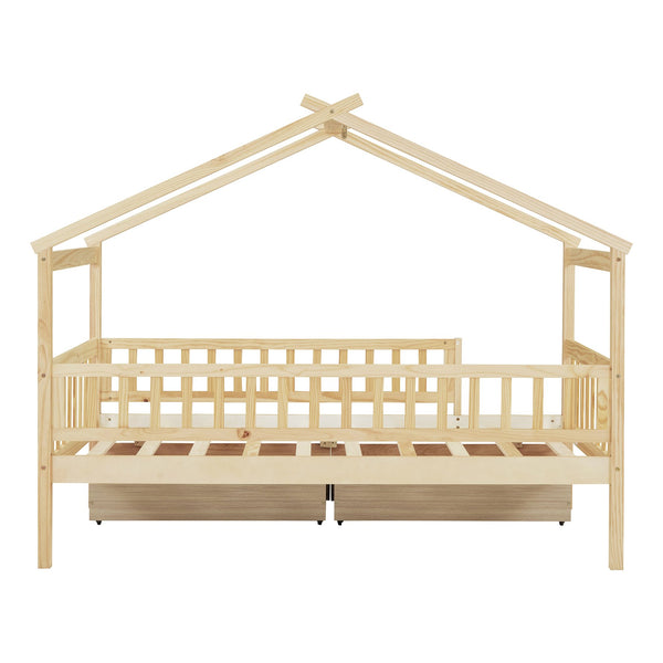 English Elm Twin House Bed Pine Wood Frame with Storage Drawers Kids Bedroom Playful Design Natural WF302181AAN