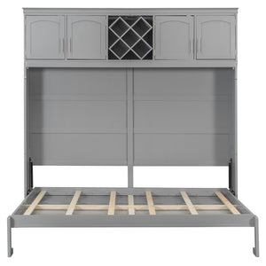 English Elm Queen Murphy Wall Bed with Storage Cabinets and Wine Rack for Small Space Living Gray LP000879AAE-1