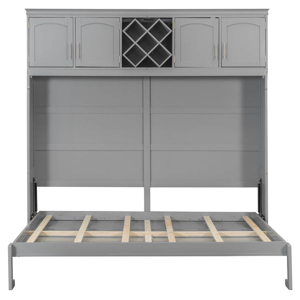 English Elm Queen Murphy Wall Bed with Storage Cabinets and Wine Rack for Small Space Living Gray LP000879AAE-1