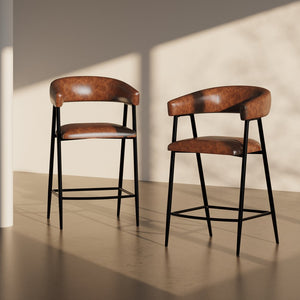 English Elm Christopher Knight Home® - 26'' PU Upholstered Counter Stools Set of 2 with Curved Backrest, Padded Seats & Iron Frame, Brown N780P199985B
