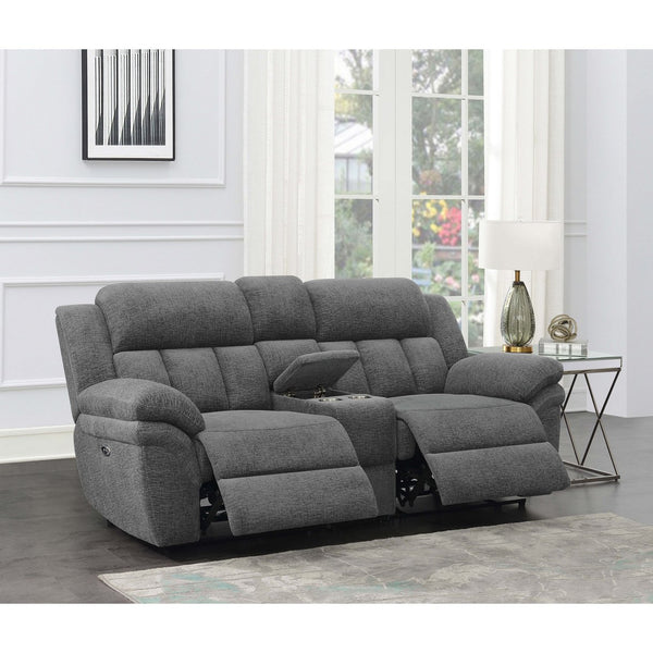 English Elm Divine Chenille Reclining Loveseat with Tufted Pillowtop Arms and Built-in Console B062S01415