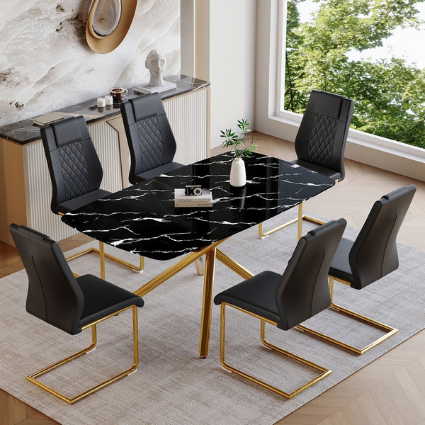 English Elm Table and Chair Set Marble Glass Top with Sculptural Gold Legs Six Seat Glam Dining Black+Gold W1151S03293