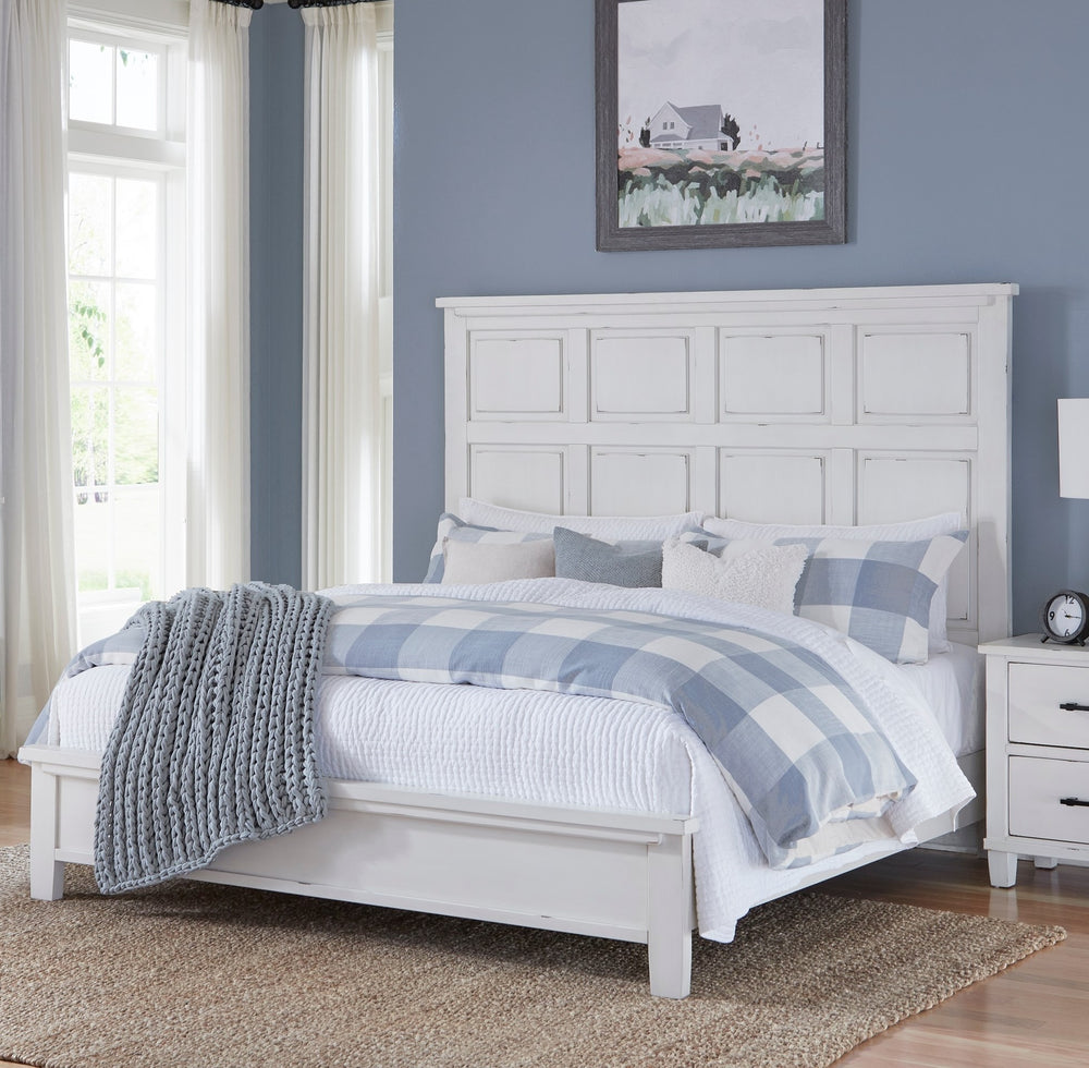 English Elm Antique White Panel King Bed Farmhouse Cottage Wood Frame with Picture Molding B011S01518