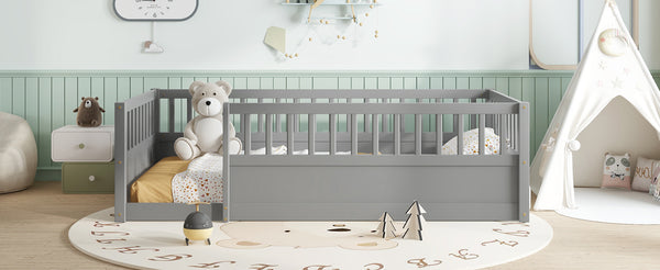 English Elm Twin Montessori Floor Bed Frame for Kids – Pine Playroom Bed with Fence for Reading & Imaginative Play Gray W1580P307881