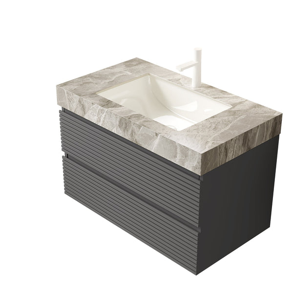 English Elm Dina Floating Bathroom Vanity Sintered Stone Top Glass Basin Striped Plywood Cabinet W2615S00538