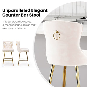 English Elm Bar Stools Set Of 2 In Beige Velvet With Gold Metal Legs, Wing-Back Design For Kitchen & Dining T3623P363044