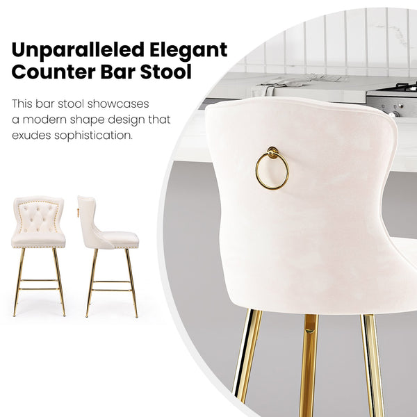 English Elm Bar Stools Set Of 2 In Beige Velvet With Gold Metal Legs, Wing-Back Design For Kitchen & Dining T3623P363044
