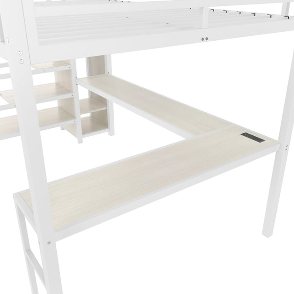 English Elm Queen Size Loft Bed With L-Shaped Desk, Usb Charging & Led Lights - Stylish Storage For All Spaces W1580S00181-GIGA